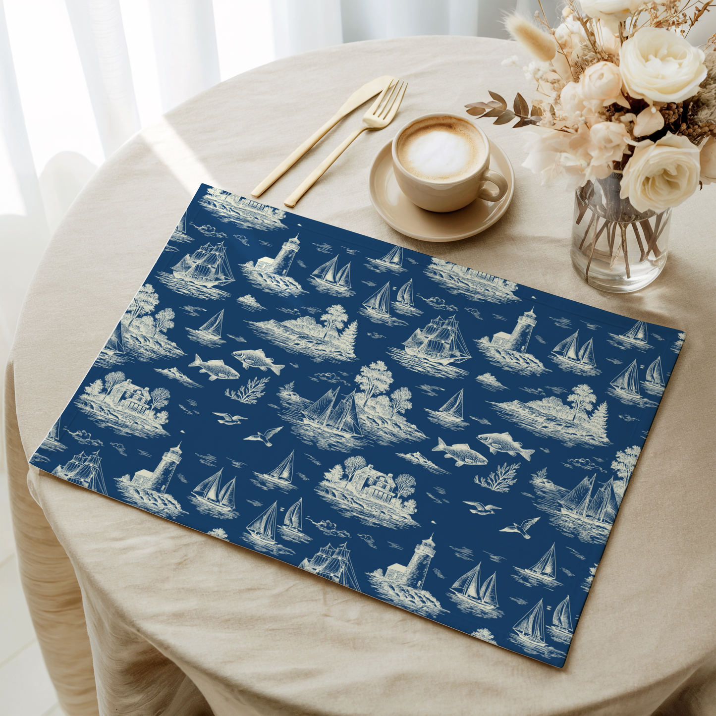 Deep Navy Coastal Toile Cotton Twill Placemat