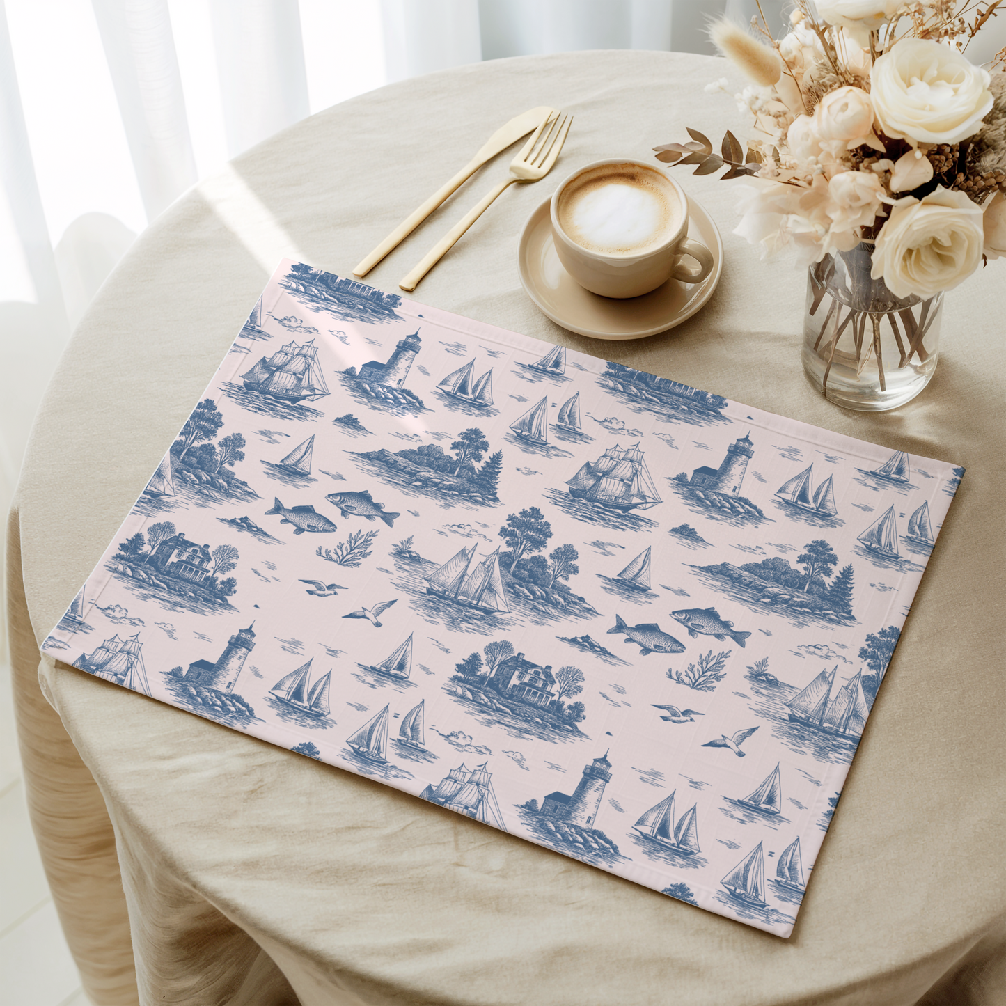 Porcelain Blue Coastal Toile Cotton Twill Placemat