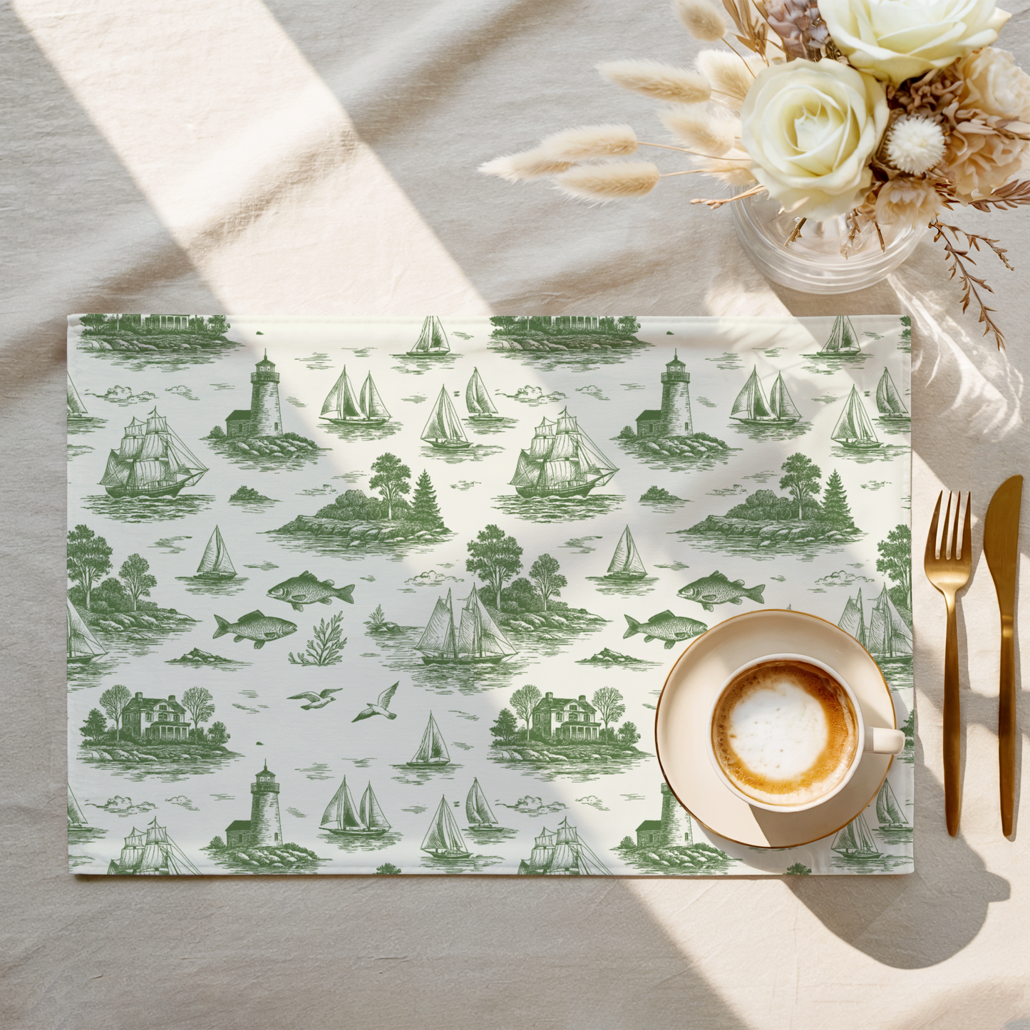 Sage Coastal Toile Cotton Twill Placemat