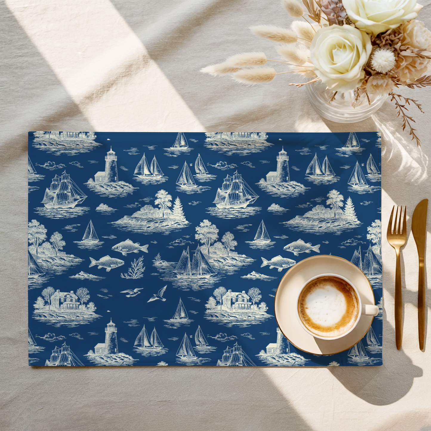 Deep Navy Coastal Toile Cotton Twill Placemat