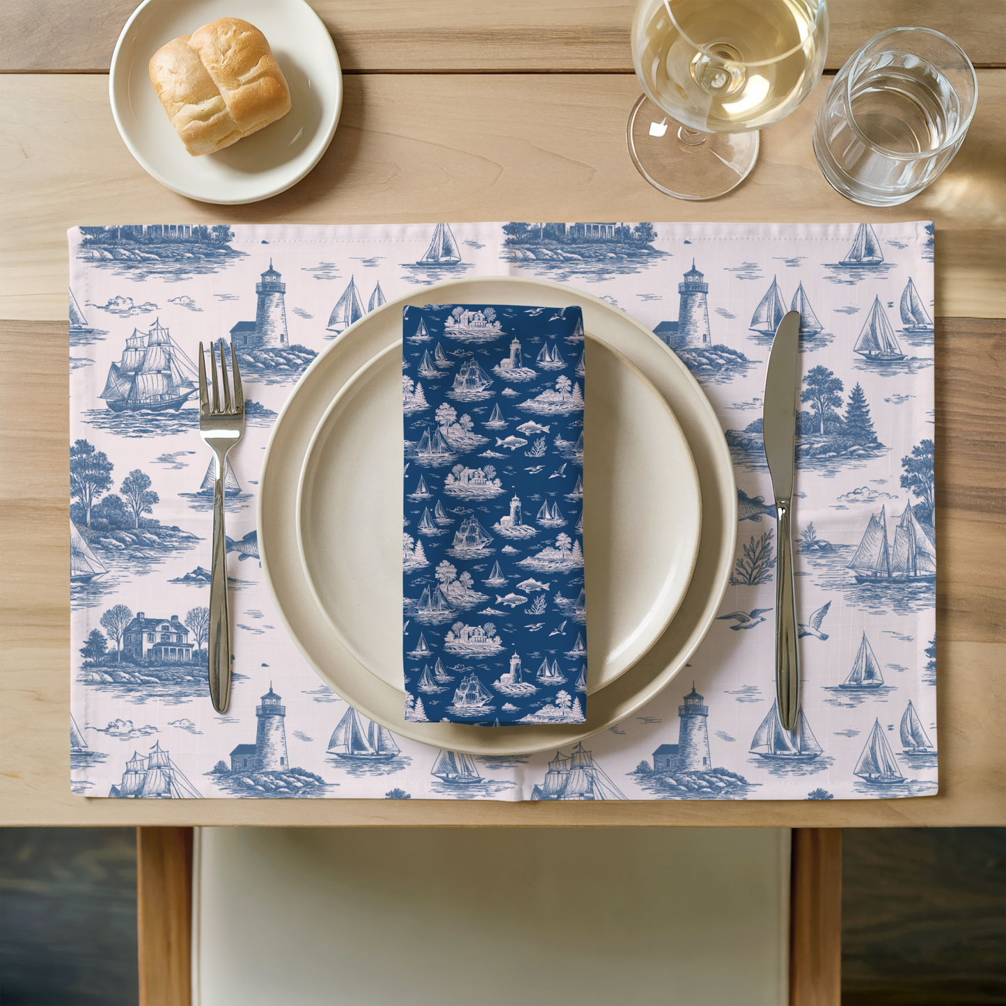 Porcelain Blue Coastal Toile Cotton Twill Placemat