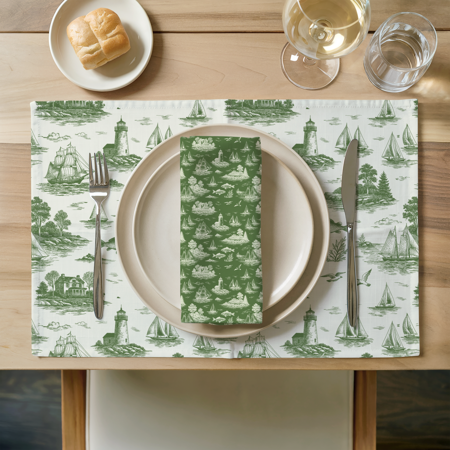 Sage Coastal Toile Cotton Twill Placemat