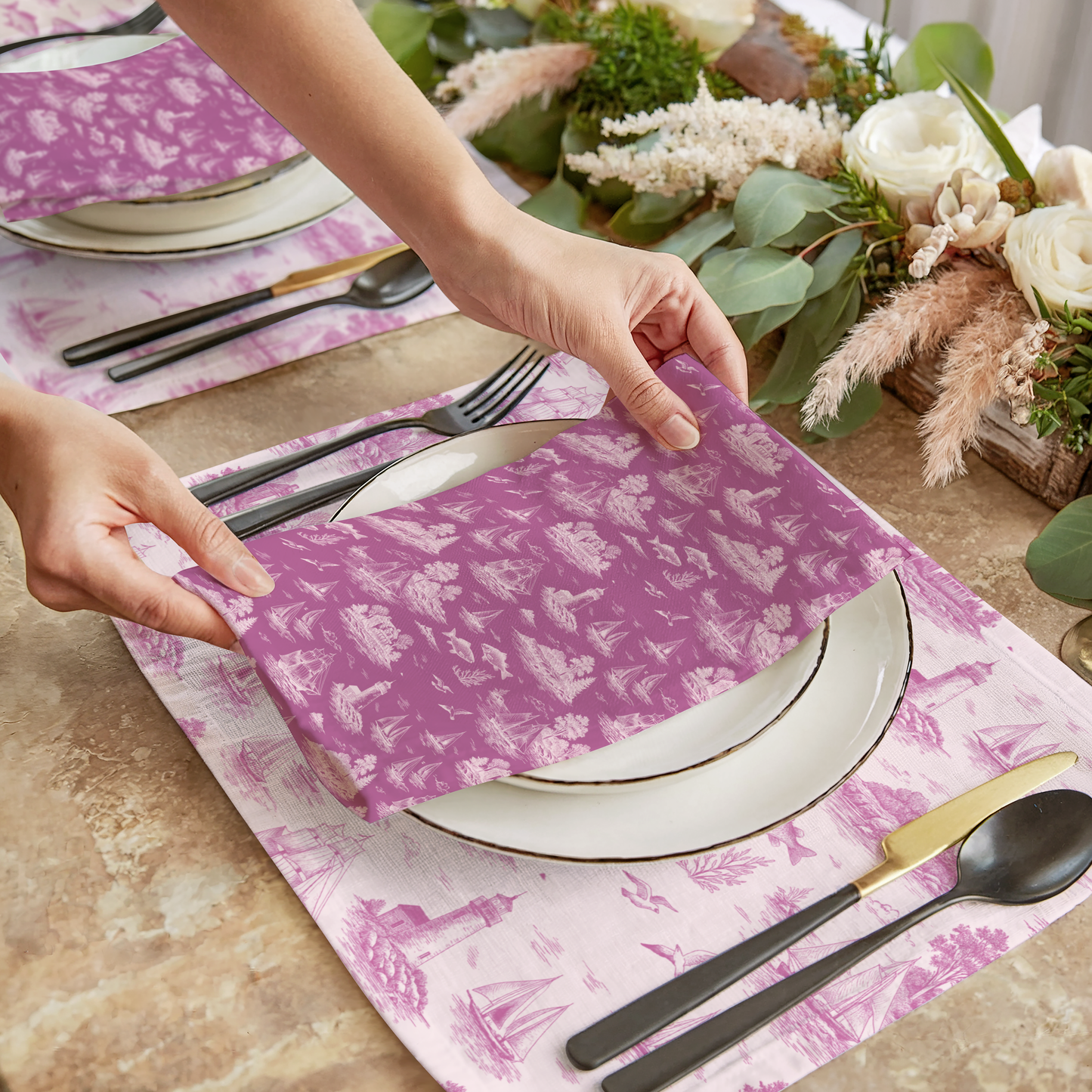 Blush Pink Coastal Toile Cotton Twill Napkins (set of 2)