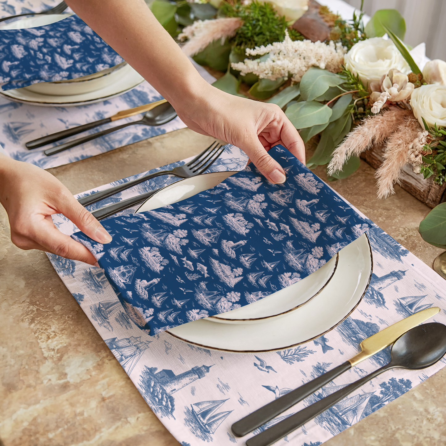Porcelain Blue Coastal Toile Cotton Twill Napkins (set of 2)