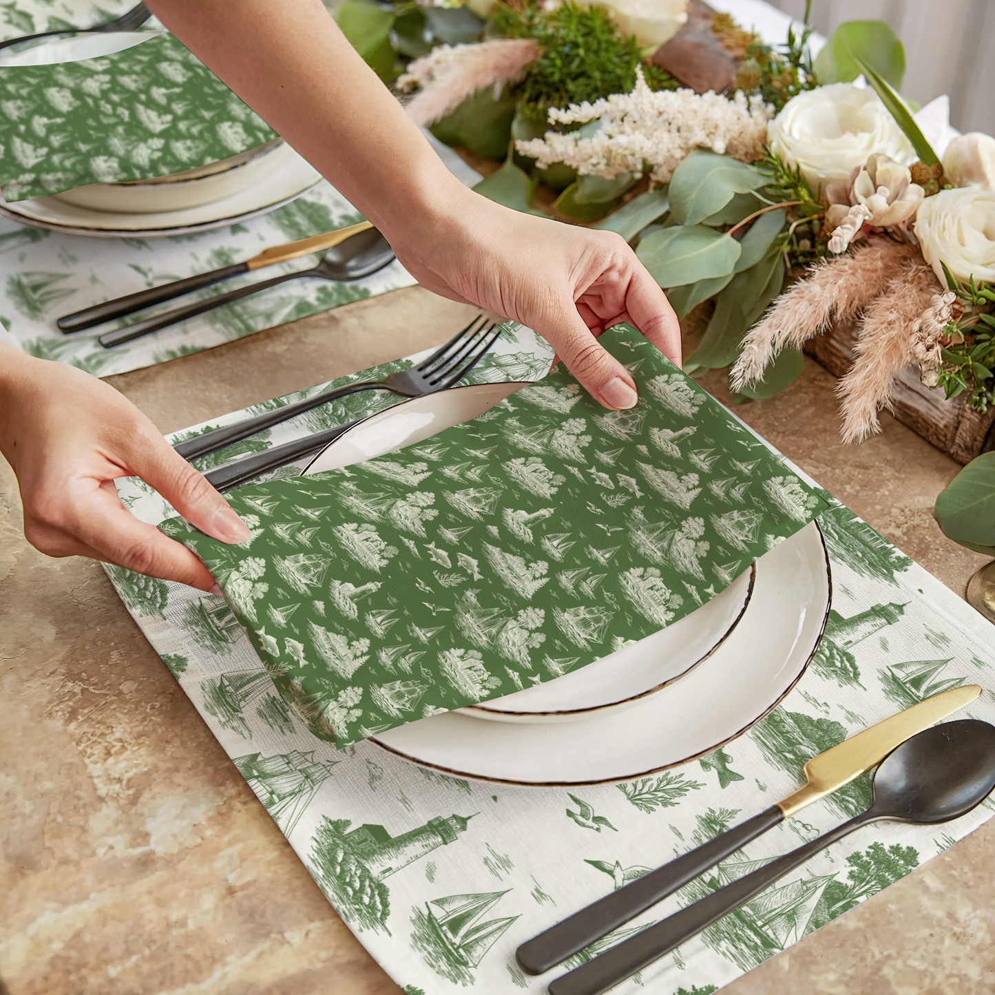 Sage Coastal Toile Cotton Twill Napkins (set of 2)