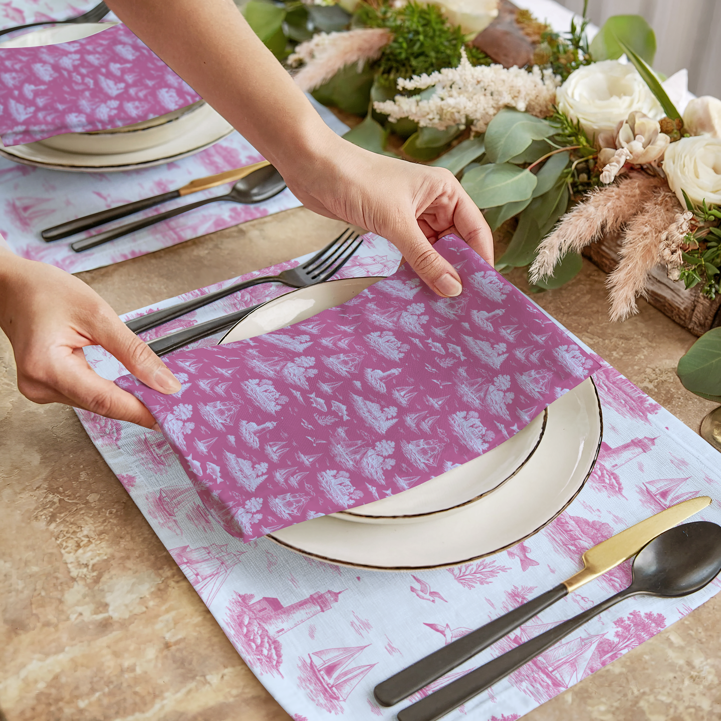 Candy Rose Coastal Toile Cotton Twill Napkins (Set of 2)