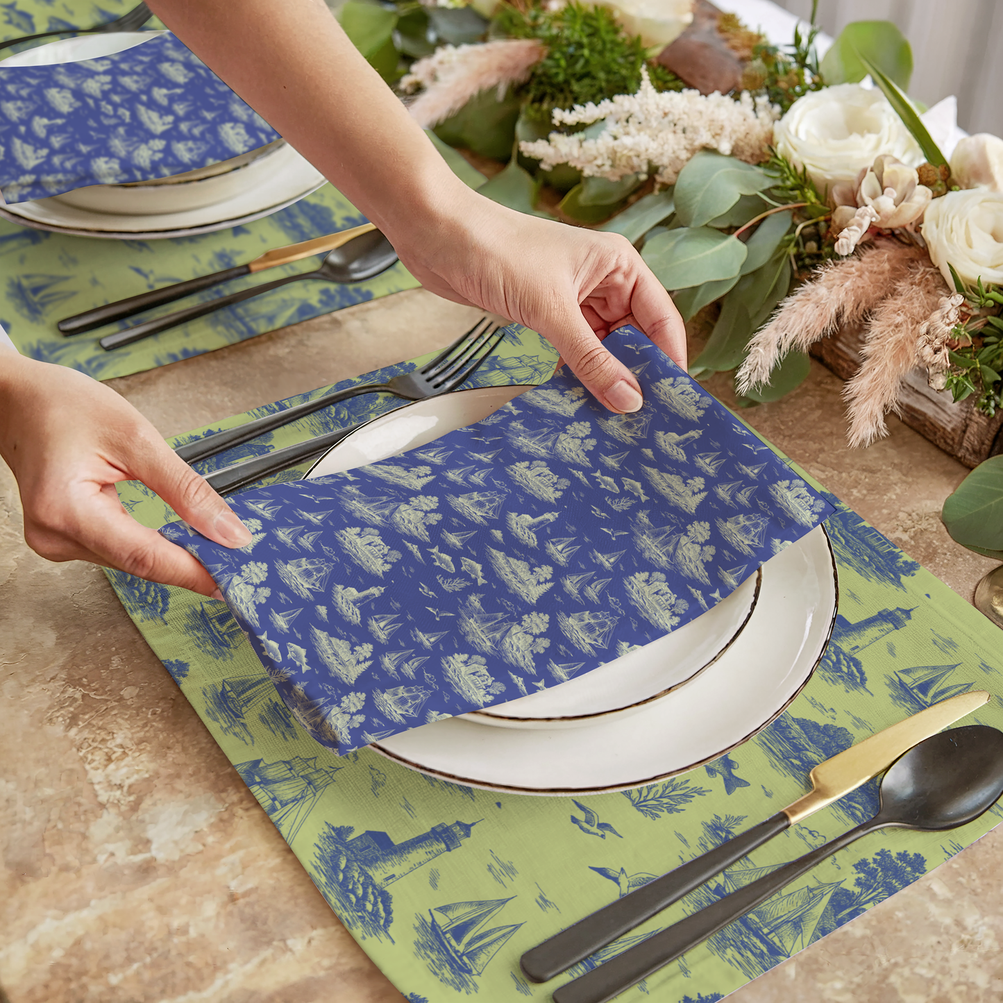 Coastal Lime Coastal Toile Cotton Twill Napkins (Set of 2)