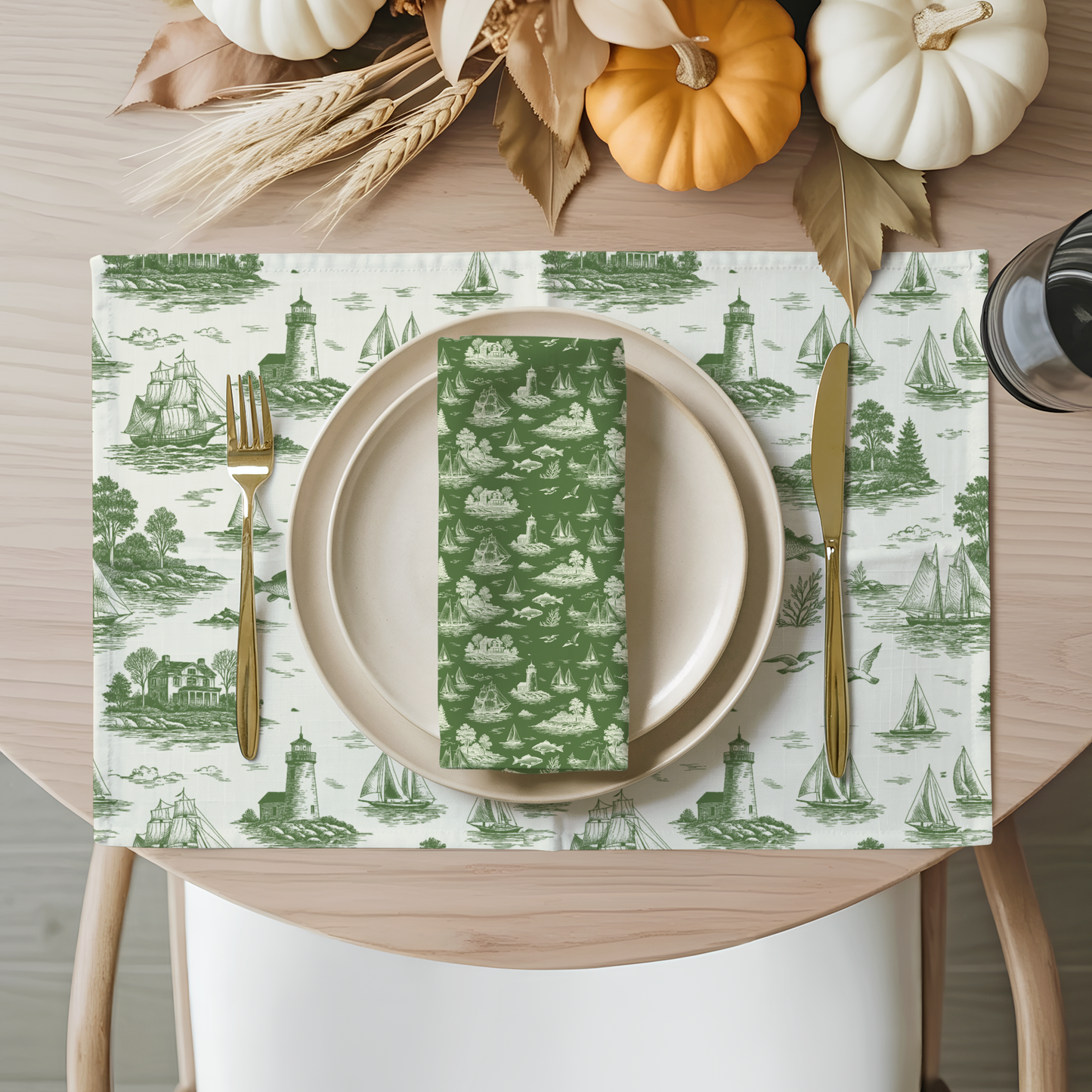 Sage Coastal Toile Cotton Twill Napkins (set of 2)