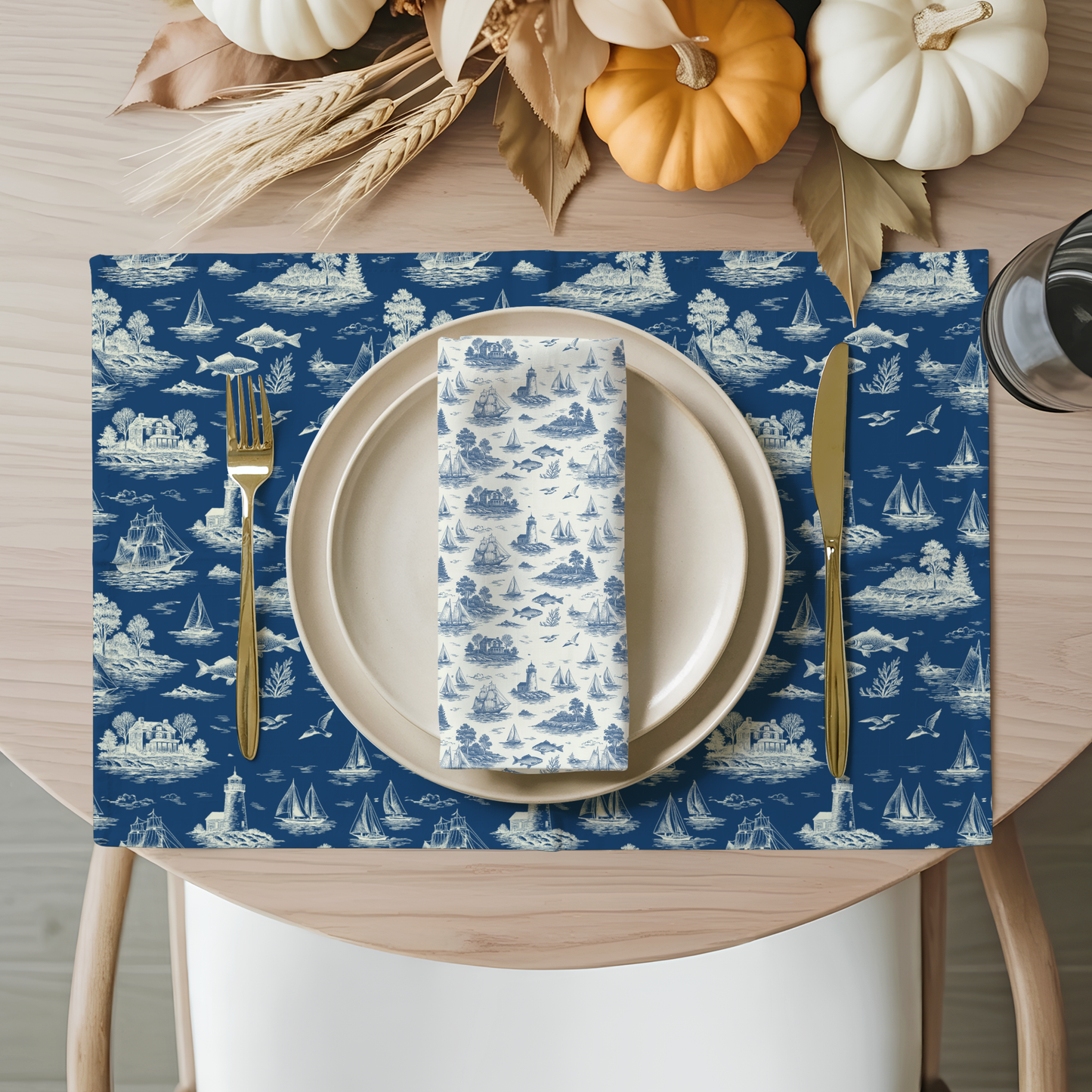 Deep Navy Coastal Toile Cotton Twill Napkin