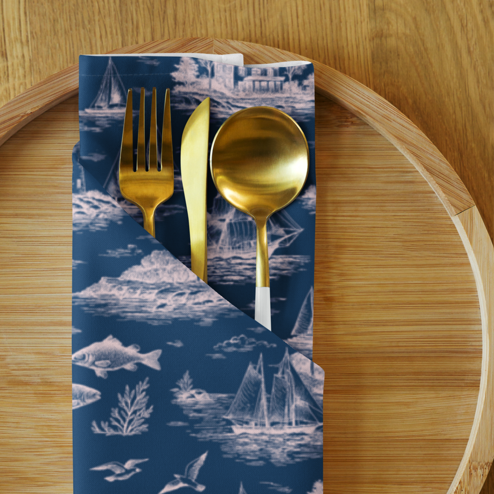Porcelain Blue Coastal Toile Cotton Twill Napkins (set of 2)