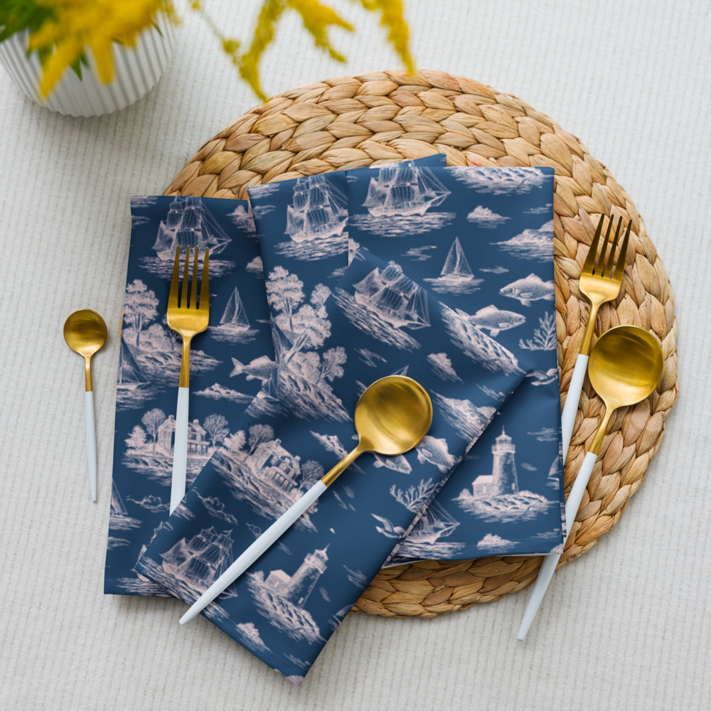 Porcelain Blue Coastal Toile Cotton Twill Napkins (set of 2)