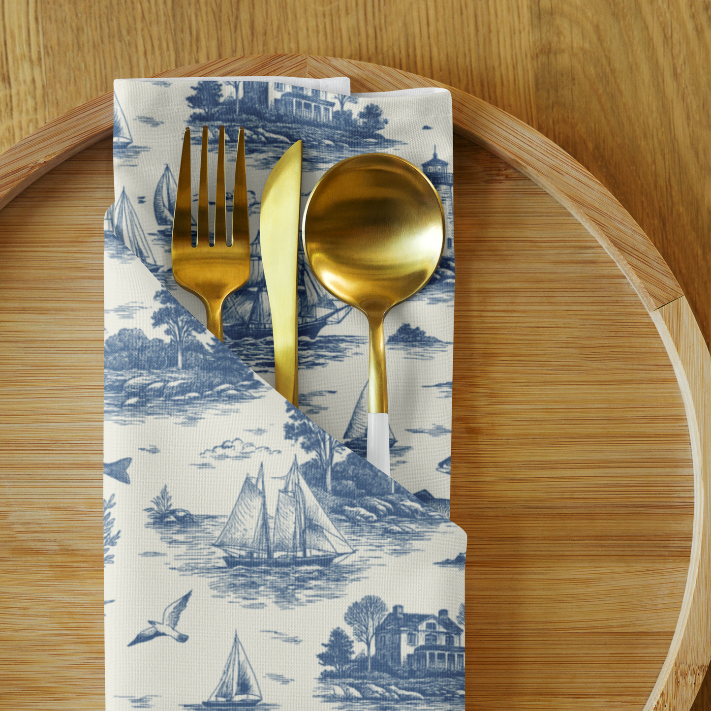 Deep Navy Coastal Toile Cotton Twill Napkins (set of 2)