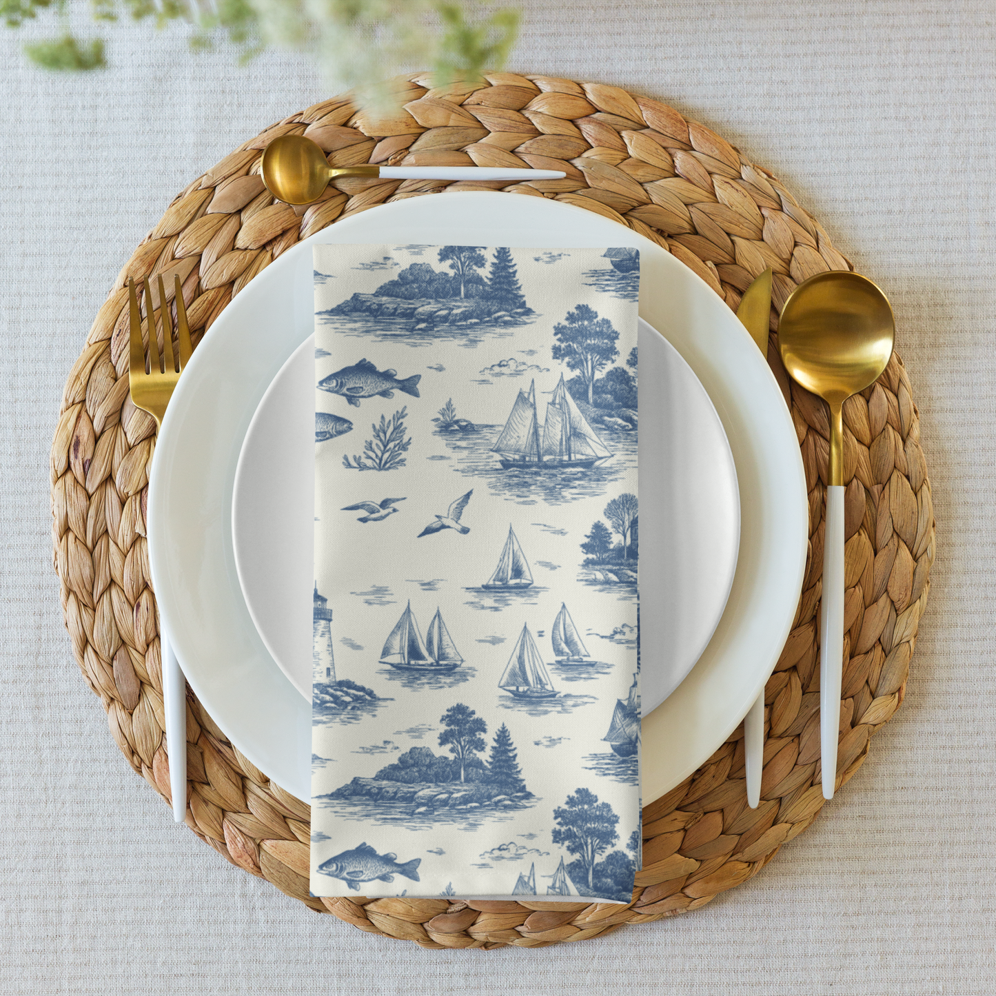 Deep Navy Coastal Toile Cotton Twill Napkins (set of 2)