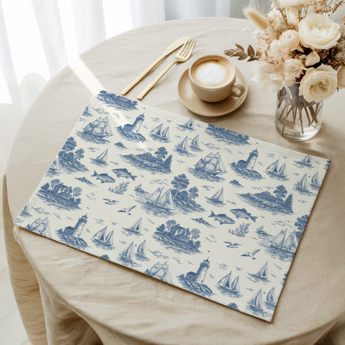 Blue Mist Coastal Toile Cotton Twill Placemat