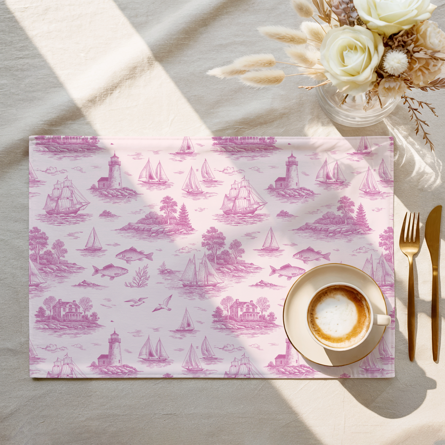 Blush Pink Coastal Toile Cotton Twill Placemat