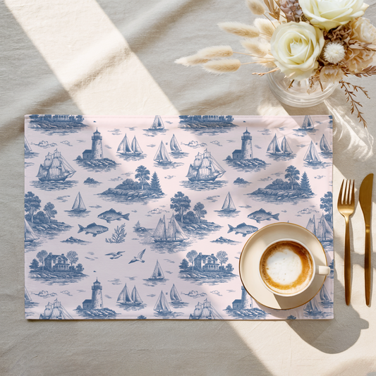 Porcelain Blue Coastal Toile Cotton Twill Placemat