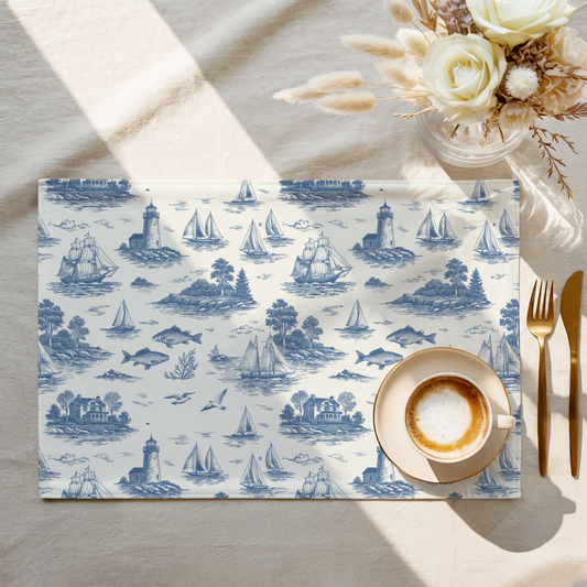 Blue Mist Coastal Toile Cotton Twill Placemat