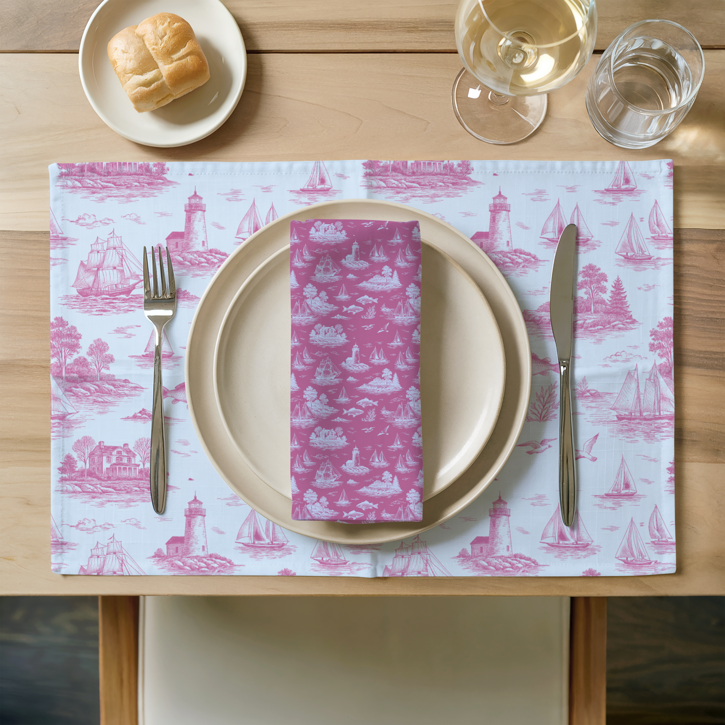 Candy Rose Coastal Toile Cotton Twill Placemat