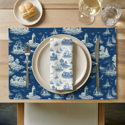 Deep Navy Coastal Toile Cotton Twill Napkins (set of 2)
