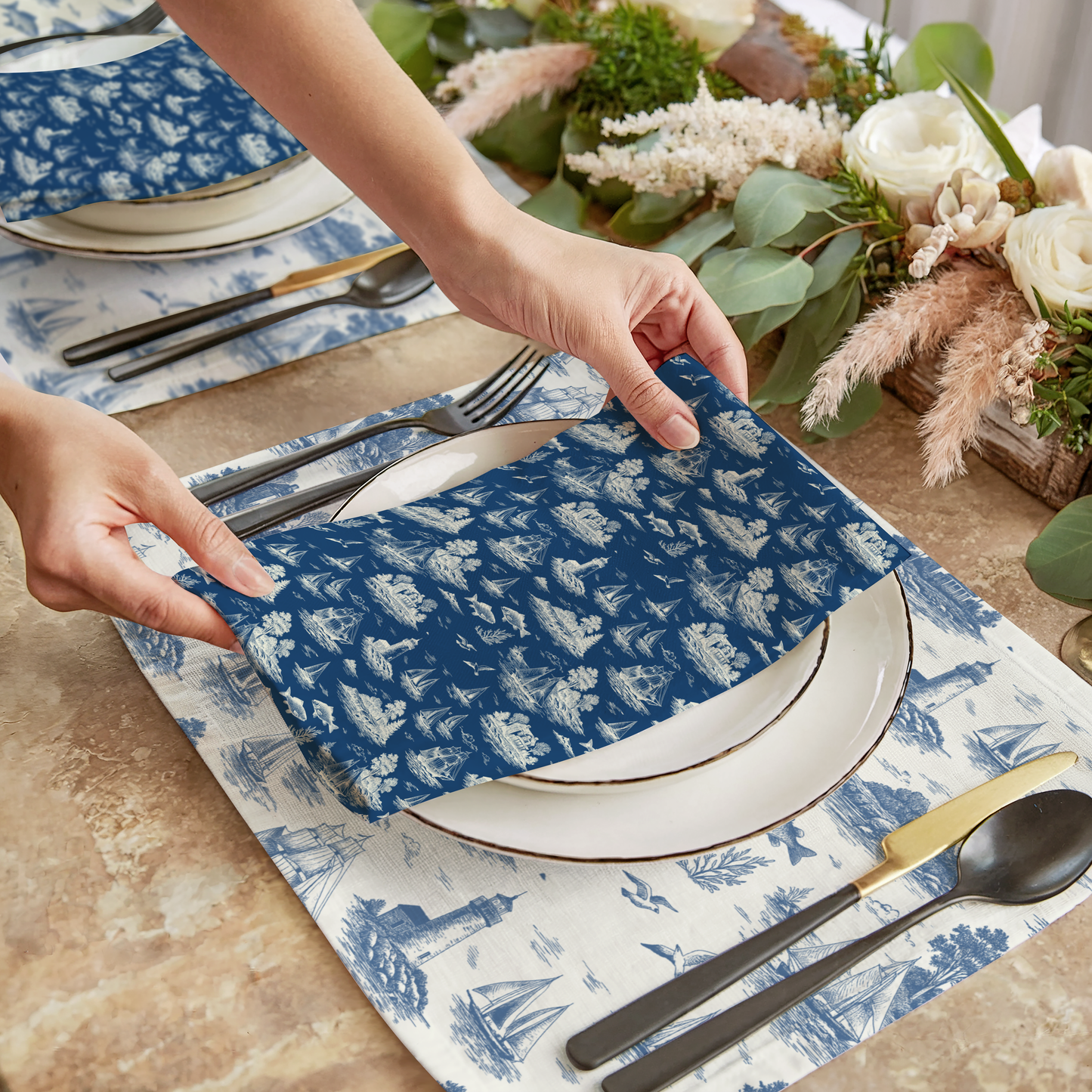 Blue Mist Coastal Toile Cotton Twill Napkins (Set of 2)
