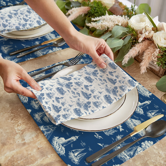 Deep Navy Coastal Toile Cotton Twill Napkins (set of 2)