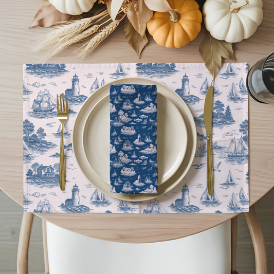 Porcelain Blue Coastal Toile Cotton Twill Napkins (set of 2)