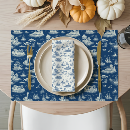 Deep Navy Coastal Toile Cotton Twill Napkin