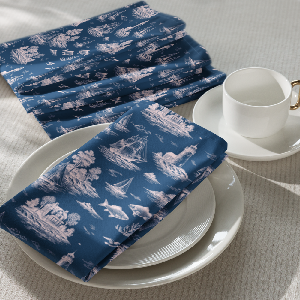Porcelain Blue Coastal Toile Cotton Twill Napkins (set of 2)