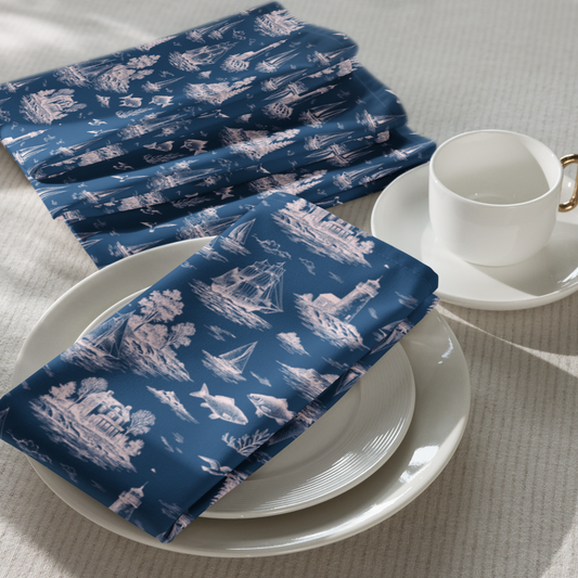Porcelain Blue Coastal Toile Cotton Twill Napkins (set of 2)